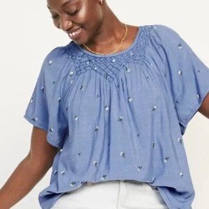 Old Navy Flutter-Sleeve Smocked Floral-Embroidered Chambray Blouse, Size XXL